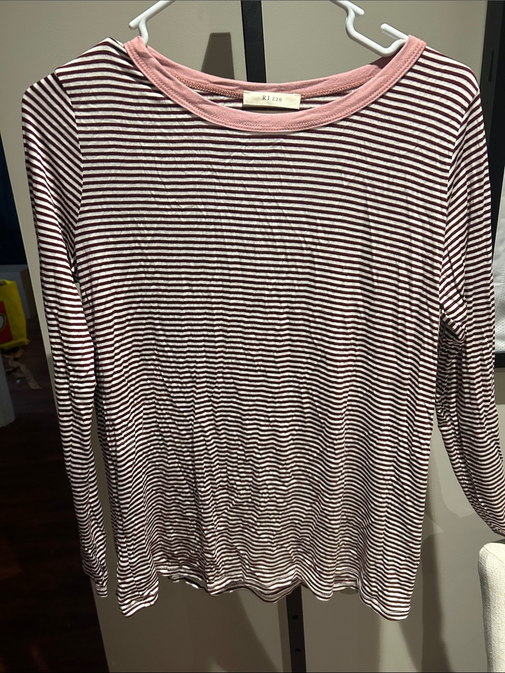 Women’s Maroon and White Striped Long Sleeve Tee